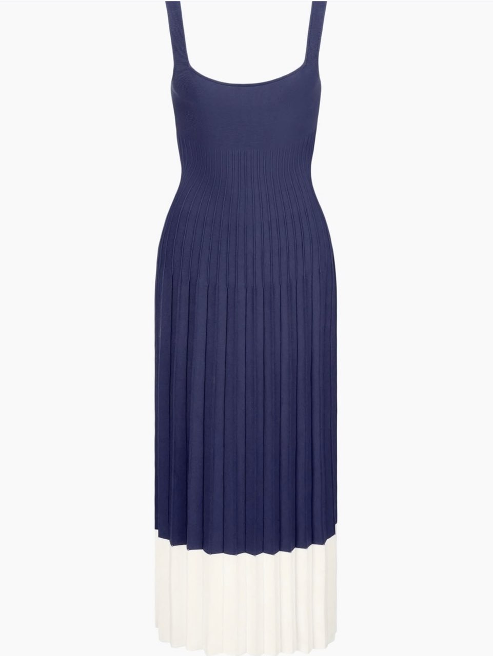 Navy and White Pleated Midi Dress