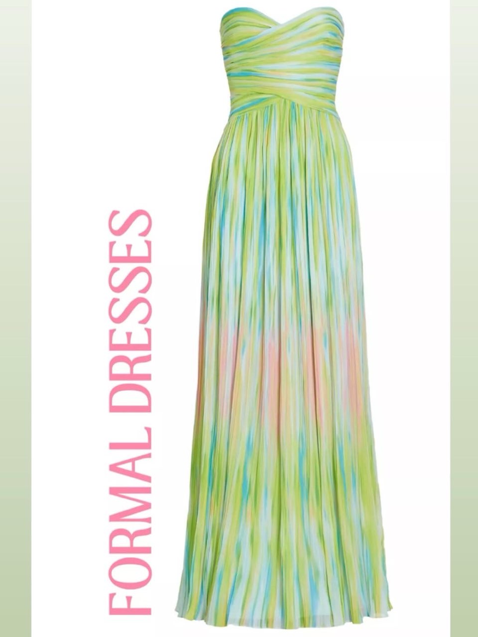 Monique Lhuillier Green Mila Pleated Print Strapless Chiffon Gown