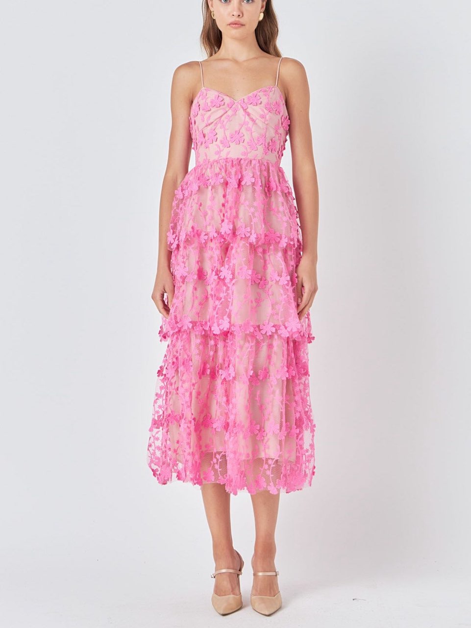 Pink flower layered midi dress