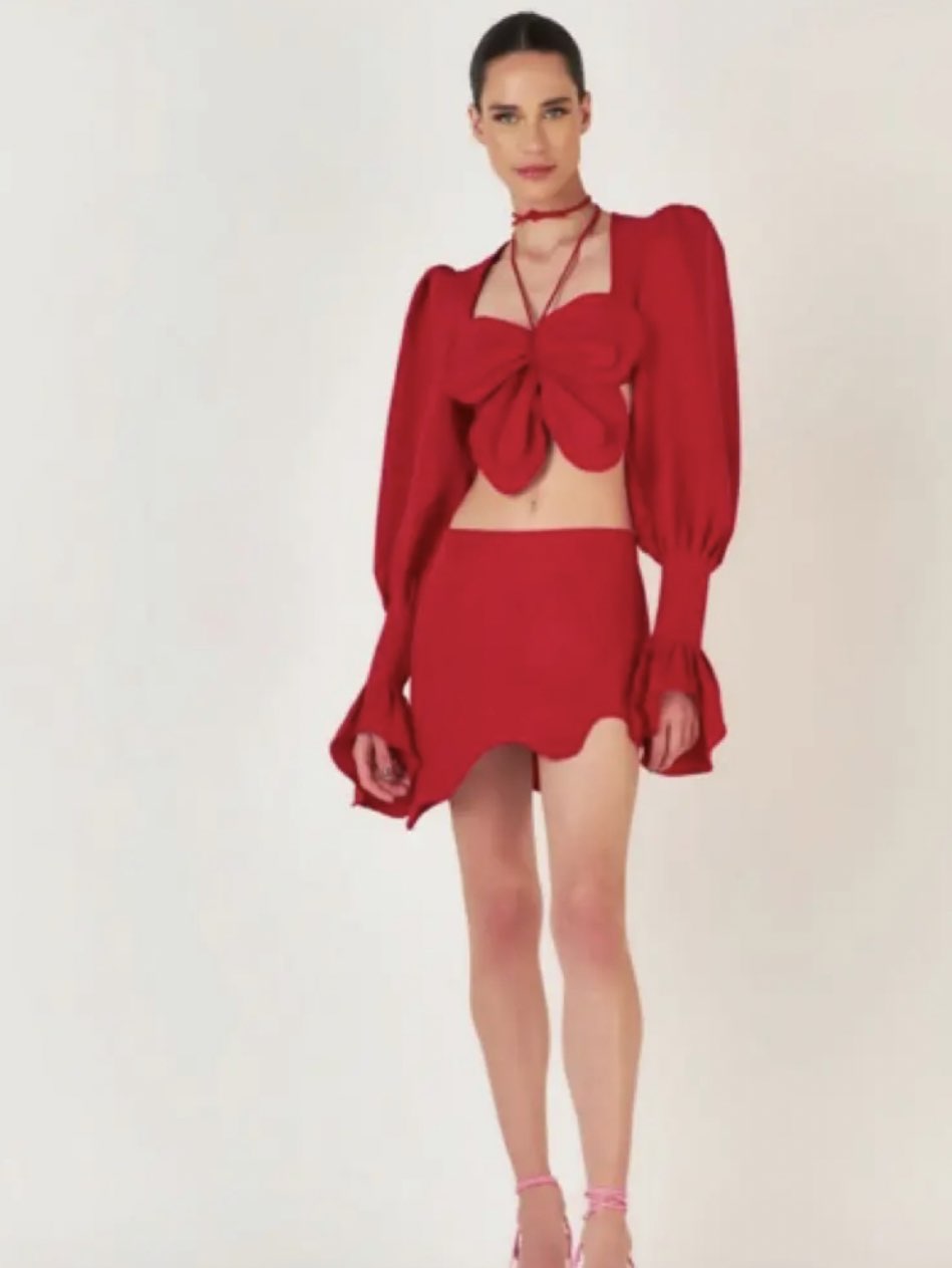 Red Bow Crop Top & Scalloped Mini Skirt Set