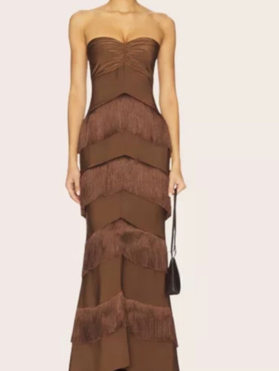 Brown Strapless Fringe Maxi Dress