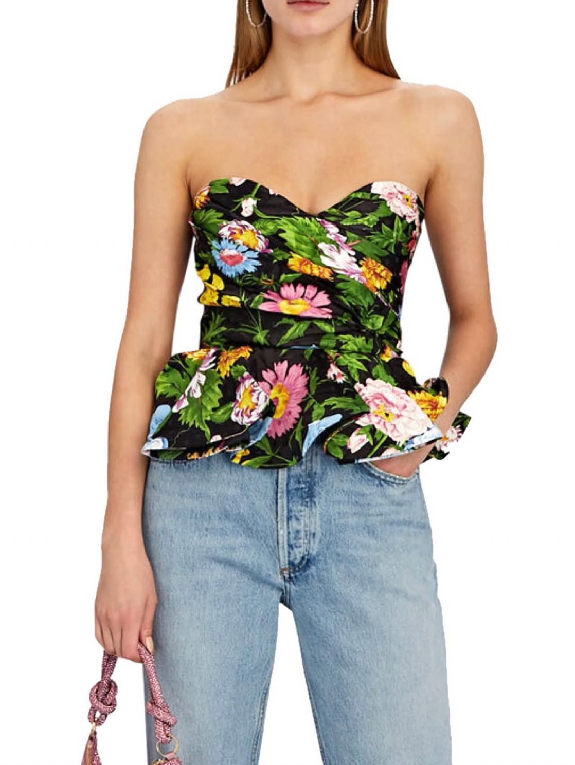 Floral Strapless Silk Tara Peplum Top in Victorian Print