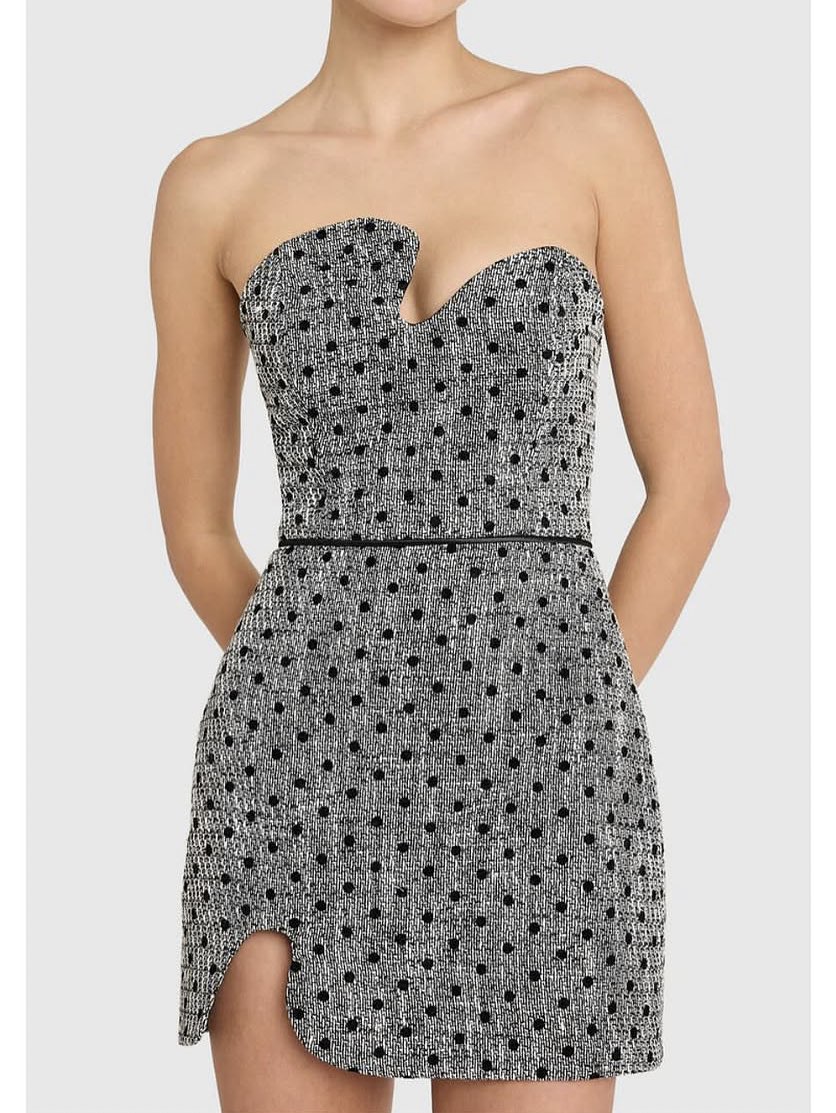Silver Polka Dot Strapless Mini Dress