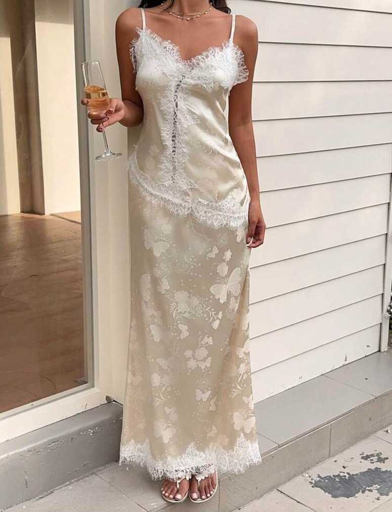 Botique Lace Trim Butterfly Slip Champagne Maxi Skirt Set