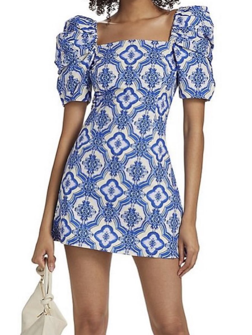 Blue Patterned Puff Sleeve Mini Dress