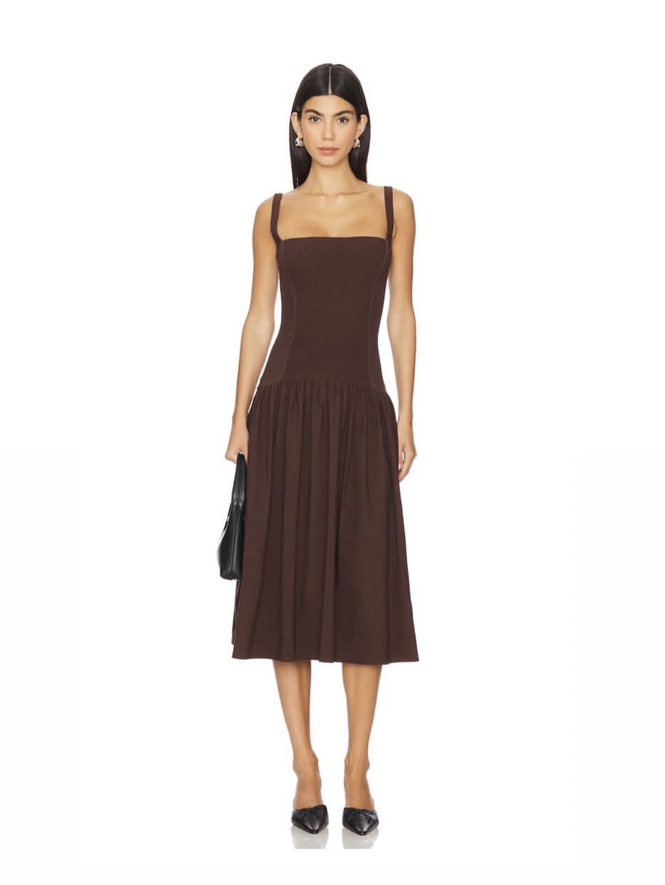 We Wore What Smocked Drop Waist Midi Dress in Muted Eggplant Brown size XXS