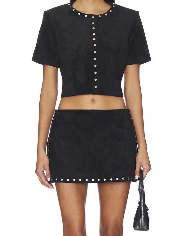 Black Studded Faux Suede Crop Top and Mini Skirt Set