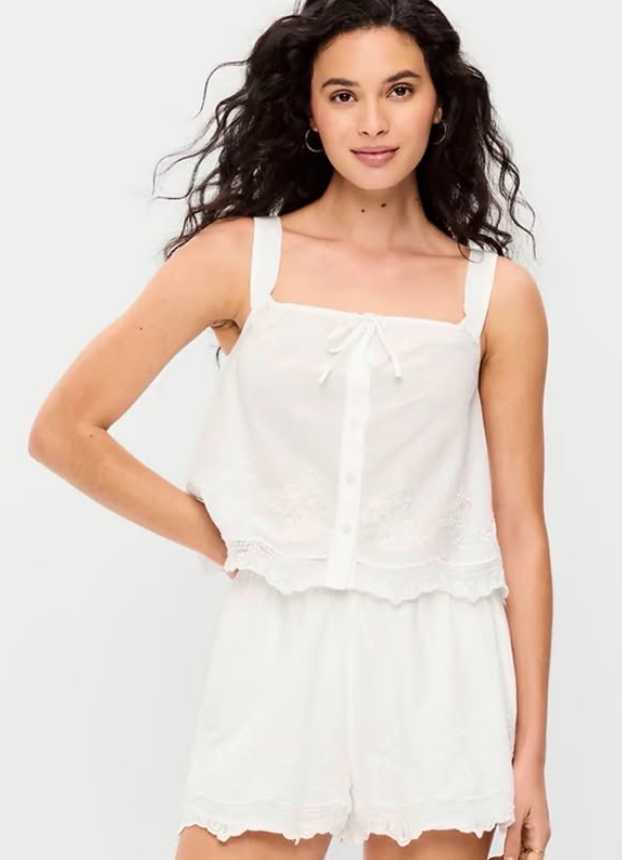 White Embroidered Square-Neck Top & Shorts Set