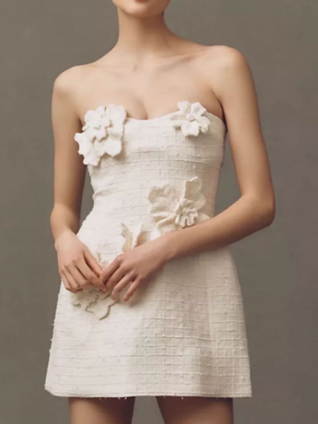 Leo Lin Rosario Strapless Floral Appliqué Tweed Mini Dress