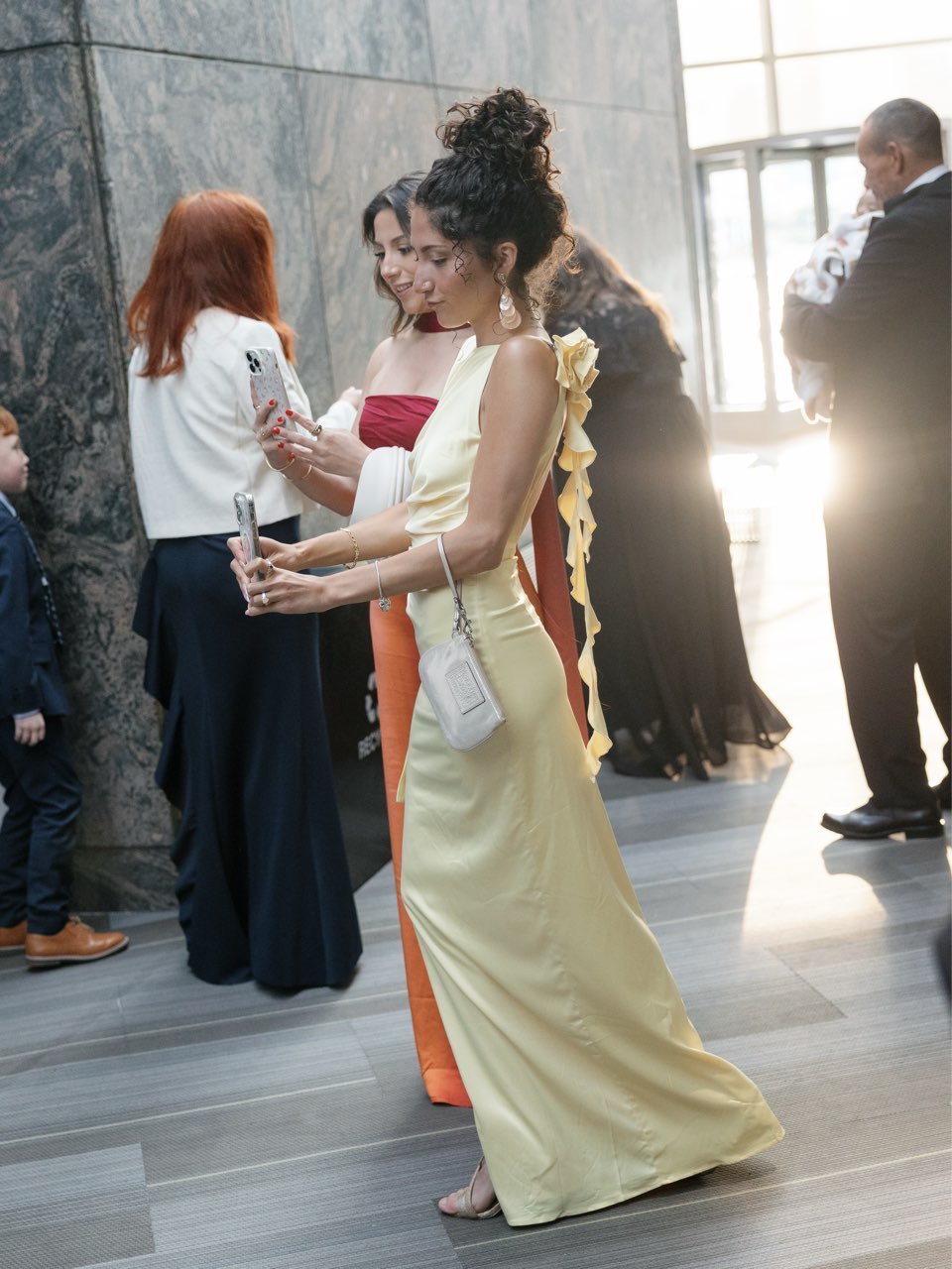 Pale Yellow Backless Satin Gown with Floral removable Detail