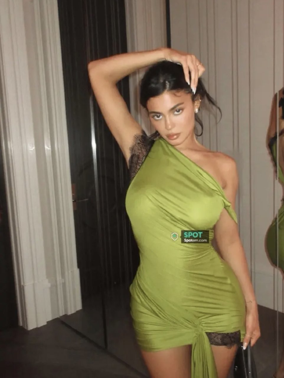 Lime Green One-Shoulder Mini Dress with Lace Trim