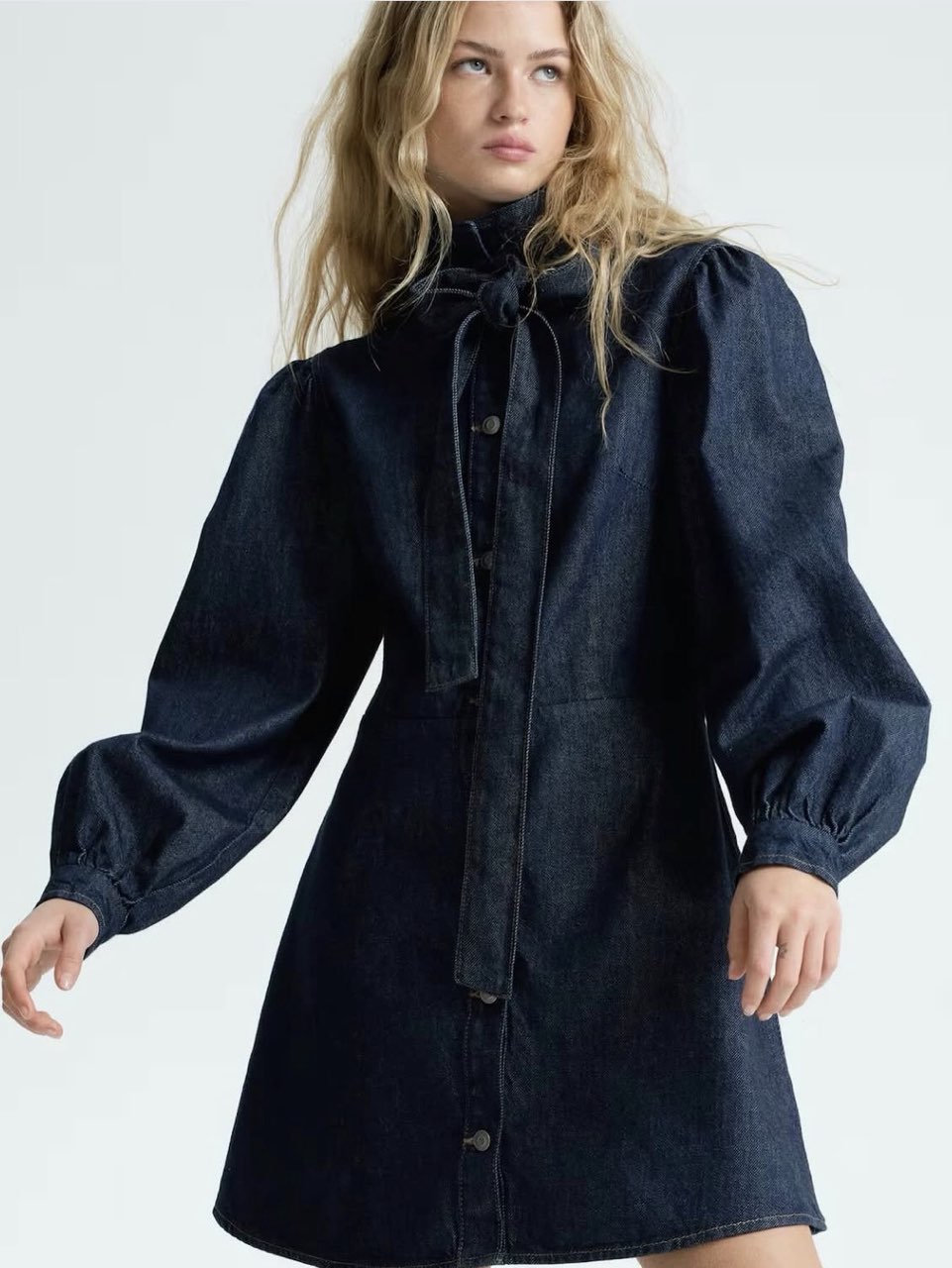 Dark Wash Denim Puff Sleeve Mini Dress