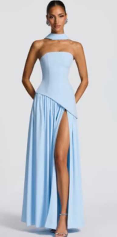 Light Blue Strapless High-Slit Gown with Choker Neckline