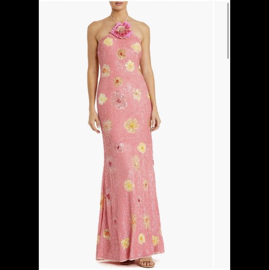 Formal Pink lemonade Sequin Floral Halter Gown