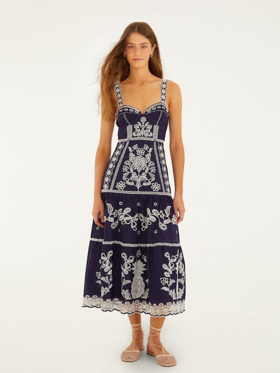 Embroidered Navy Tiered Midi Dress