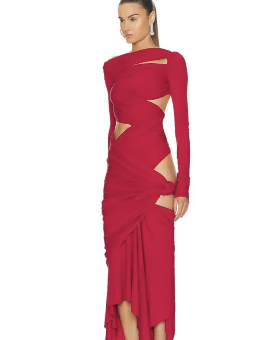 Red Cut-Out Draped Maxi Dress