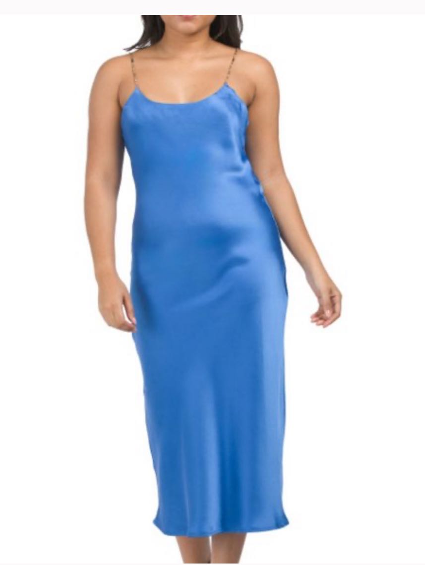House of Harlow Blue Satin Dress With Beaded Straps