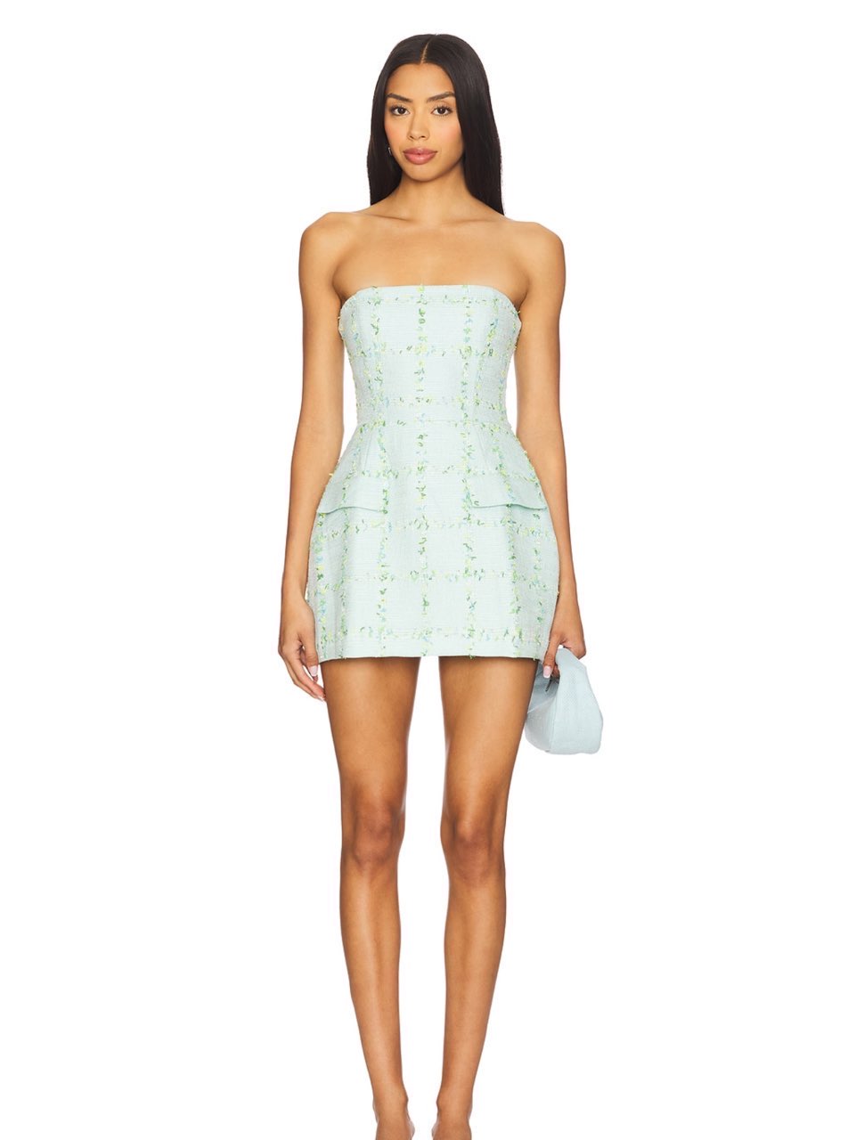 Mint Green Floral Tweed Strapless Mini Dress