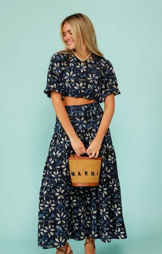 Navy Floral Print Crop Top and Tiered Midi Skirt Set
