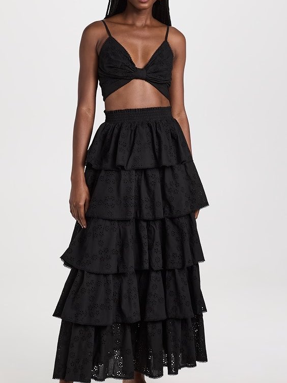 Black Eyelet Tiered Maxi Skirt and Bralette Set
