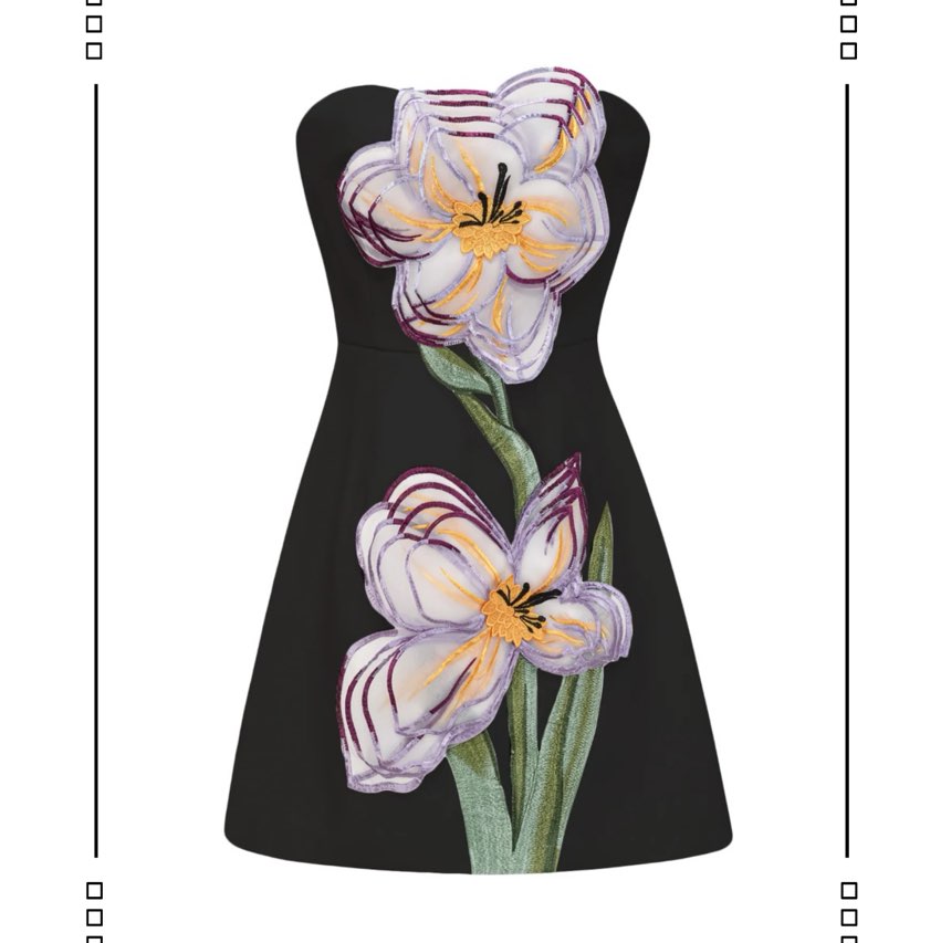 Black Strapless Floral Embroidered Mini Dress