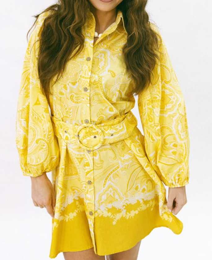 Yellow Paisley Belted Mini Dress