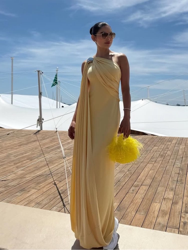 Pale Yellow One-Shoulder Draped Maxi Dress