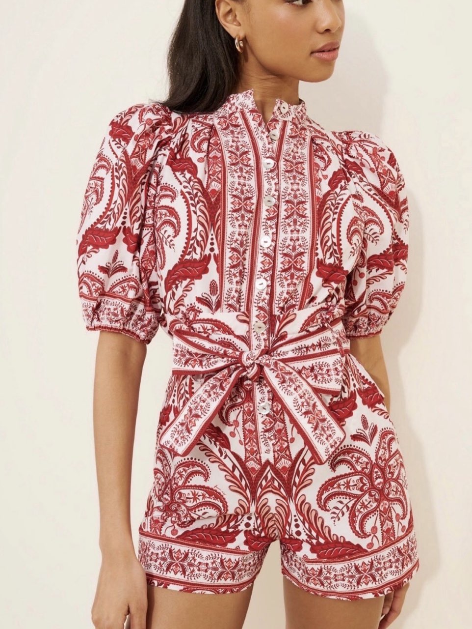 FARM RIO PAISLEY PUFF SLEEVE ROMPER