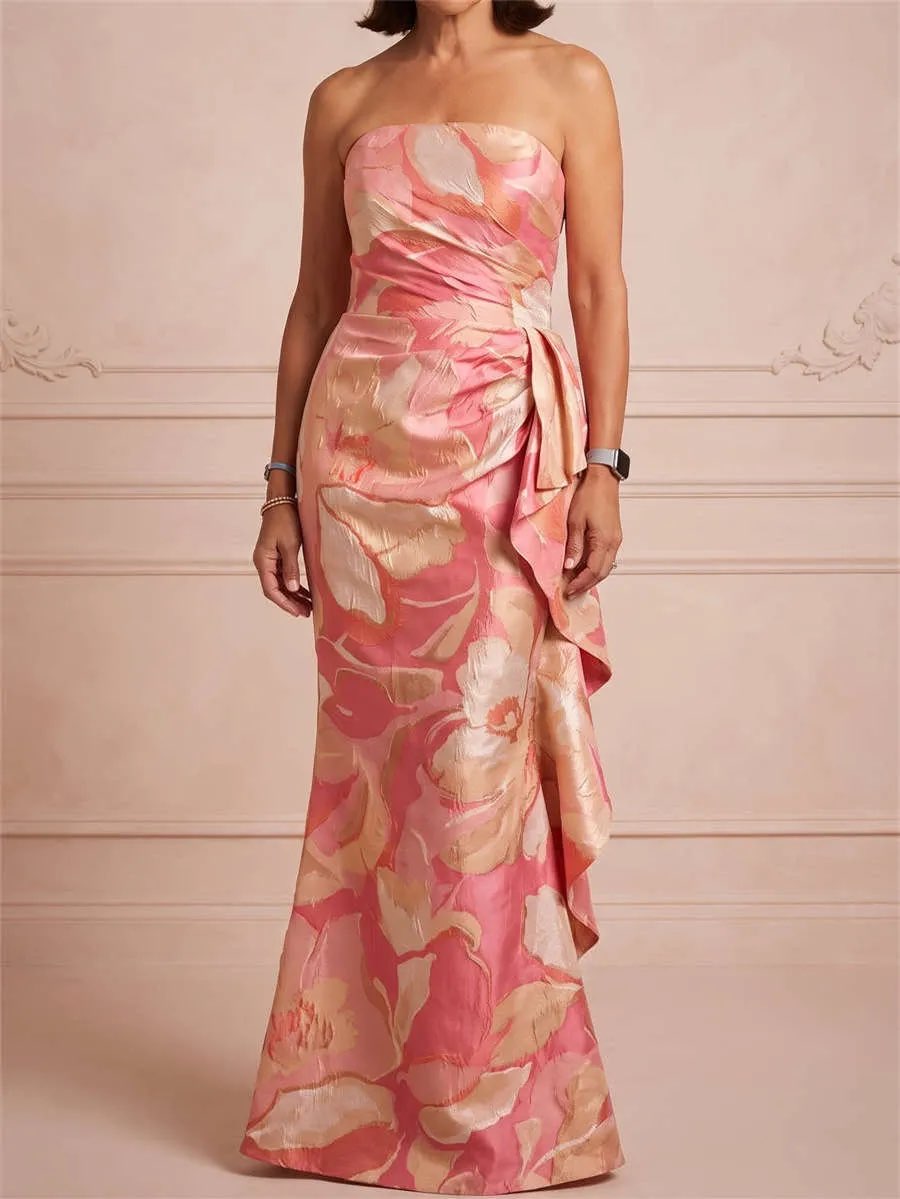 BETSY & ADAM STRAPLESS FLORAL PRINT LONG DRESS A27834