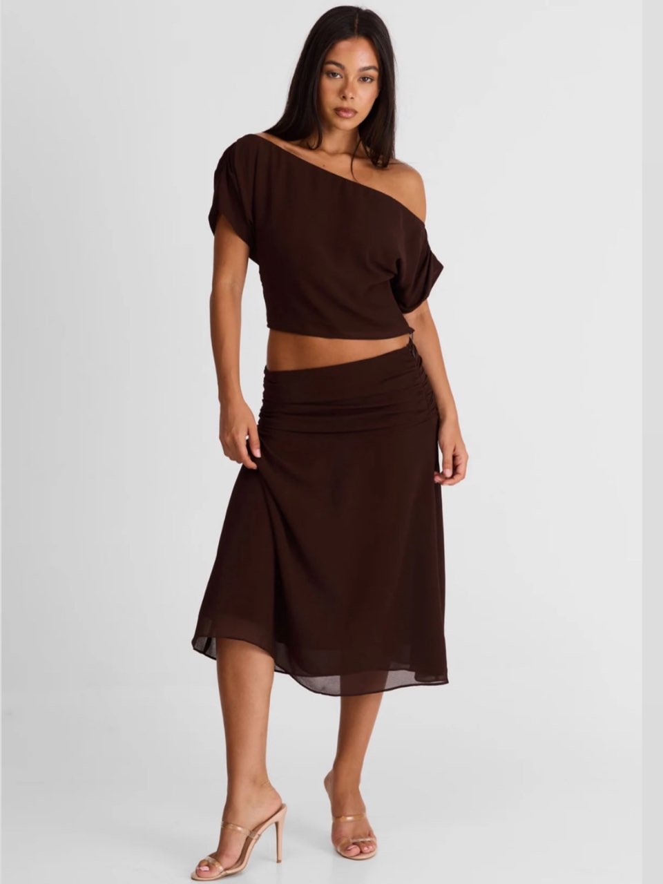 Sasha Therese Margot Top and Midi Skirt in Chocolate size XS