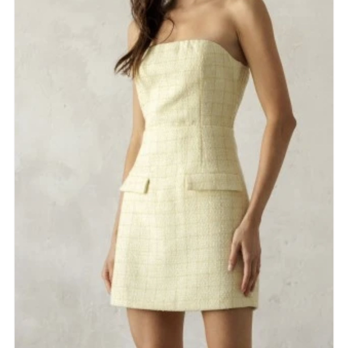 Pale Yellow shimmer Tweed Strapless Mini Dressh
