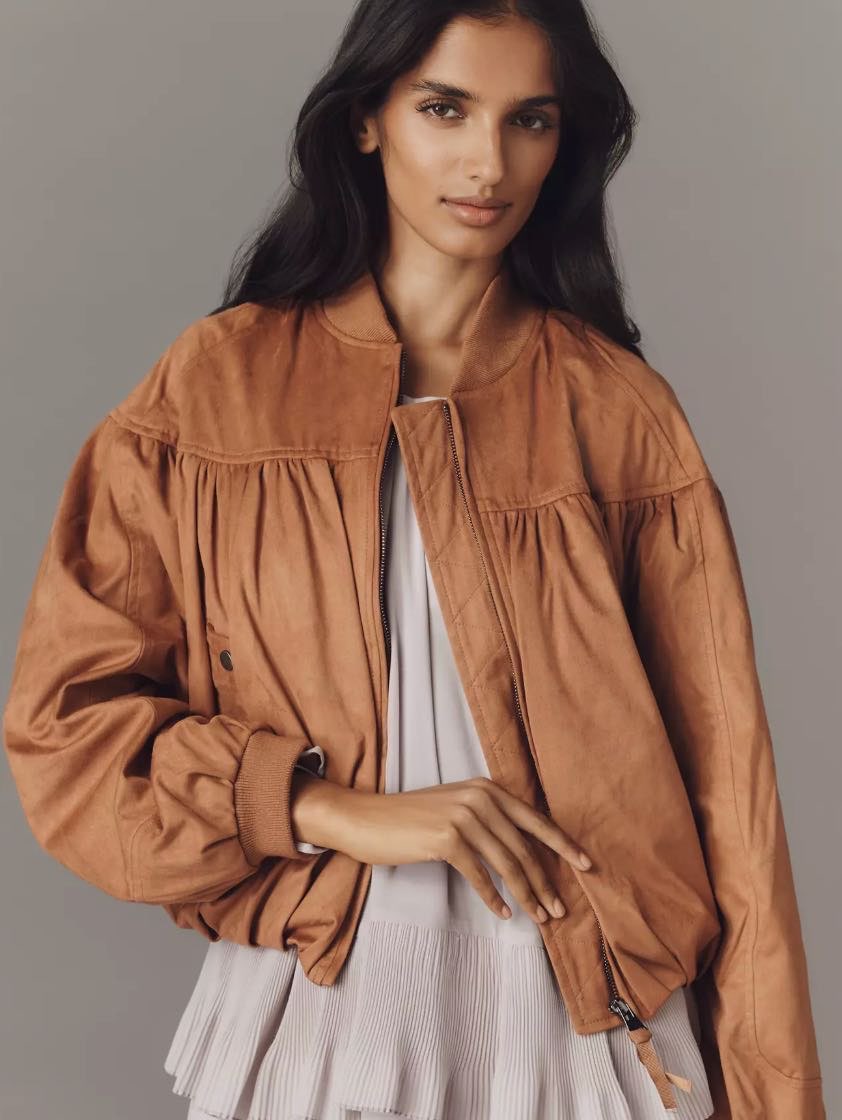Anthropologie Brown Suede Bomber Jacket