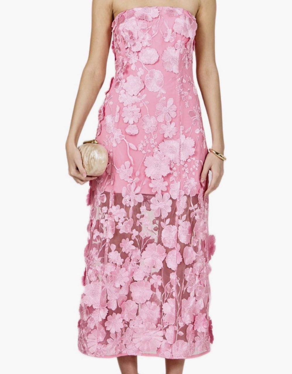 Pink Floral Strapless Midi Dress