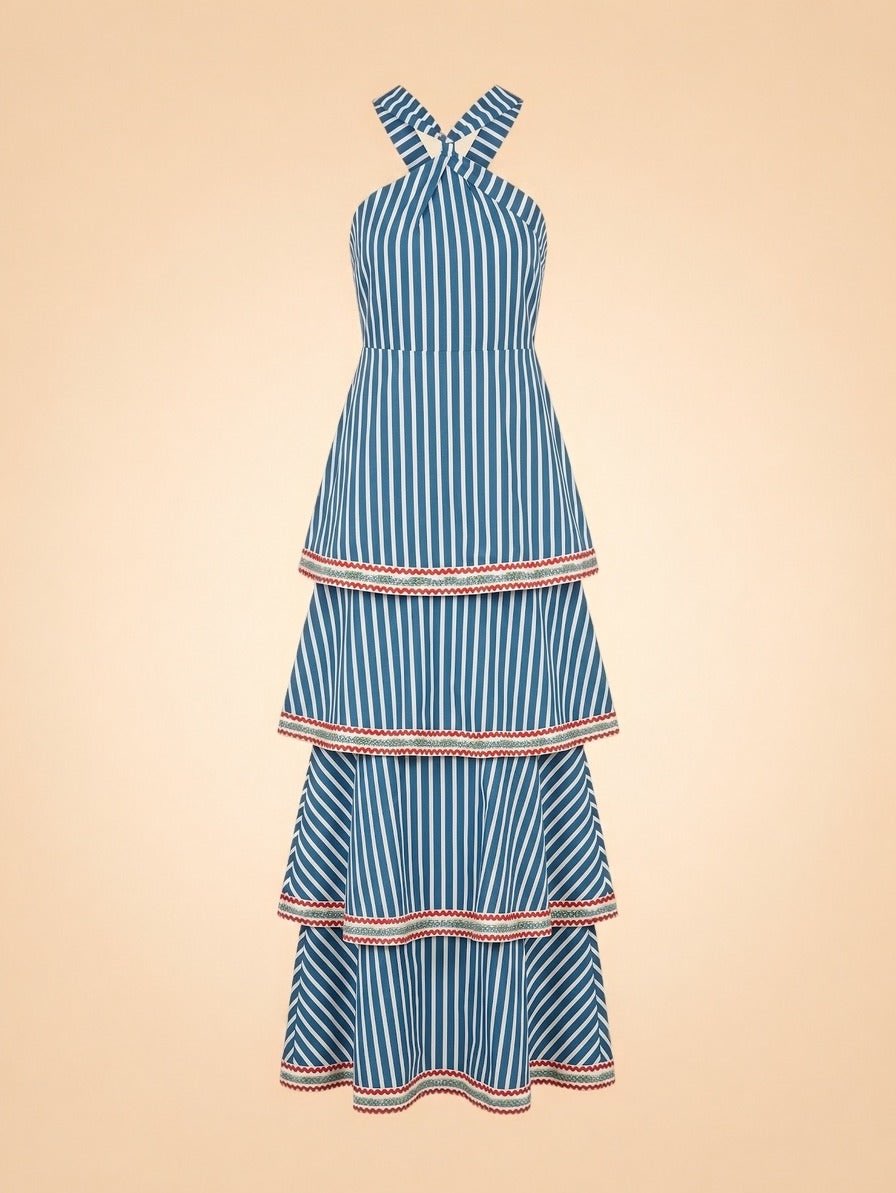 Striped Tiered Halter Maxi Dress