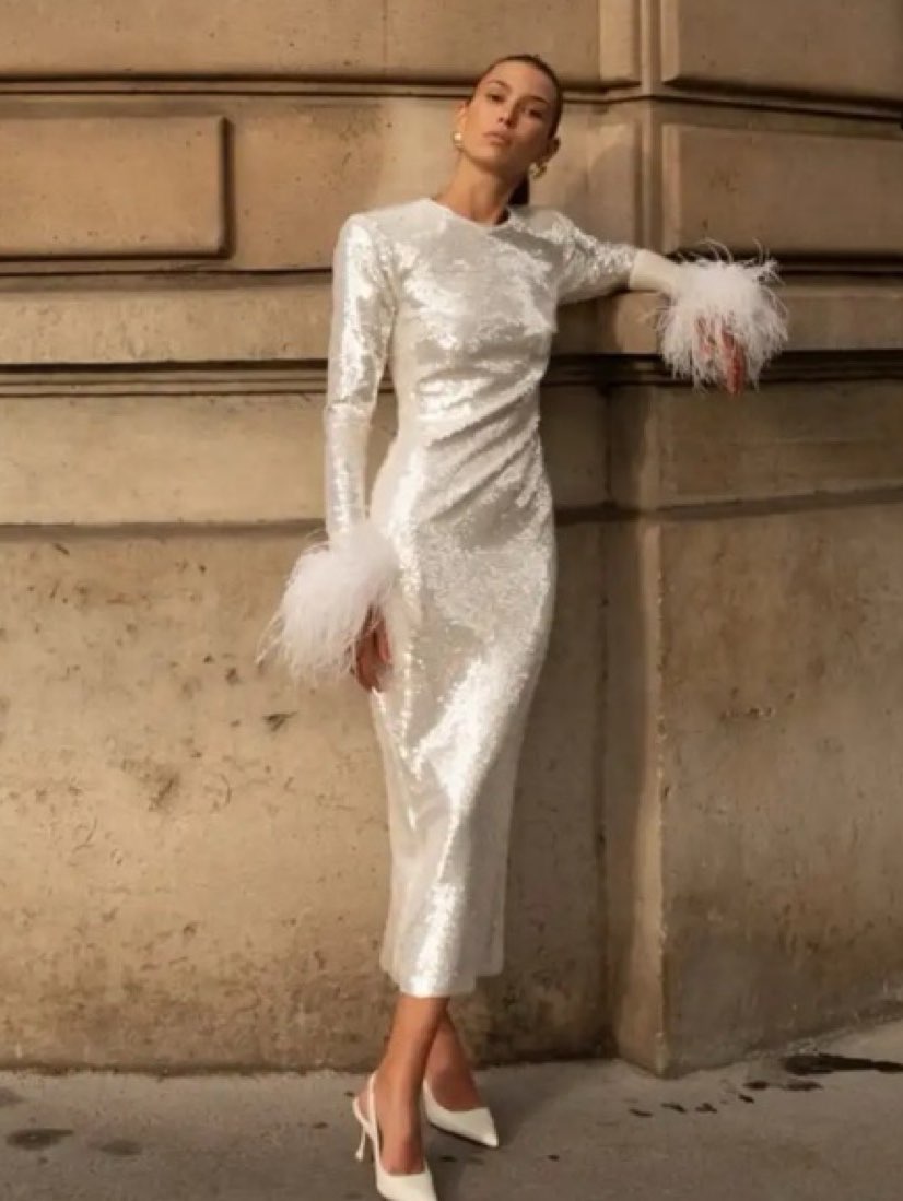 White Sequin Feather-Cuff Midi Dress