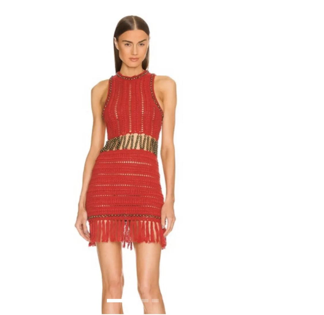 Red Crocheted Studded Fringe Mini Dress