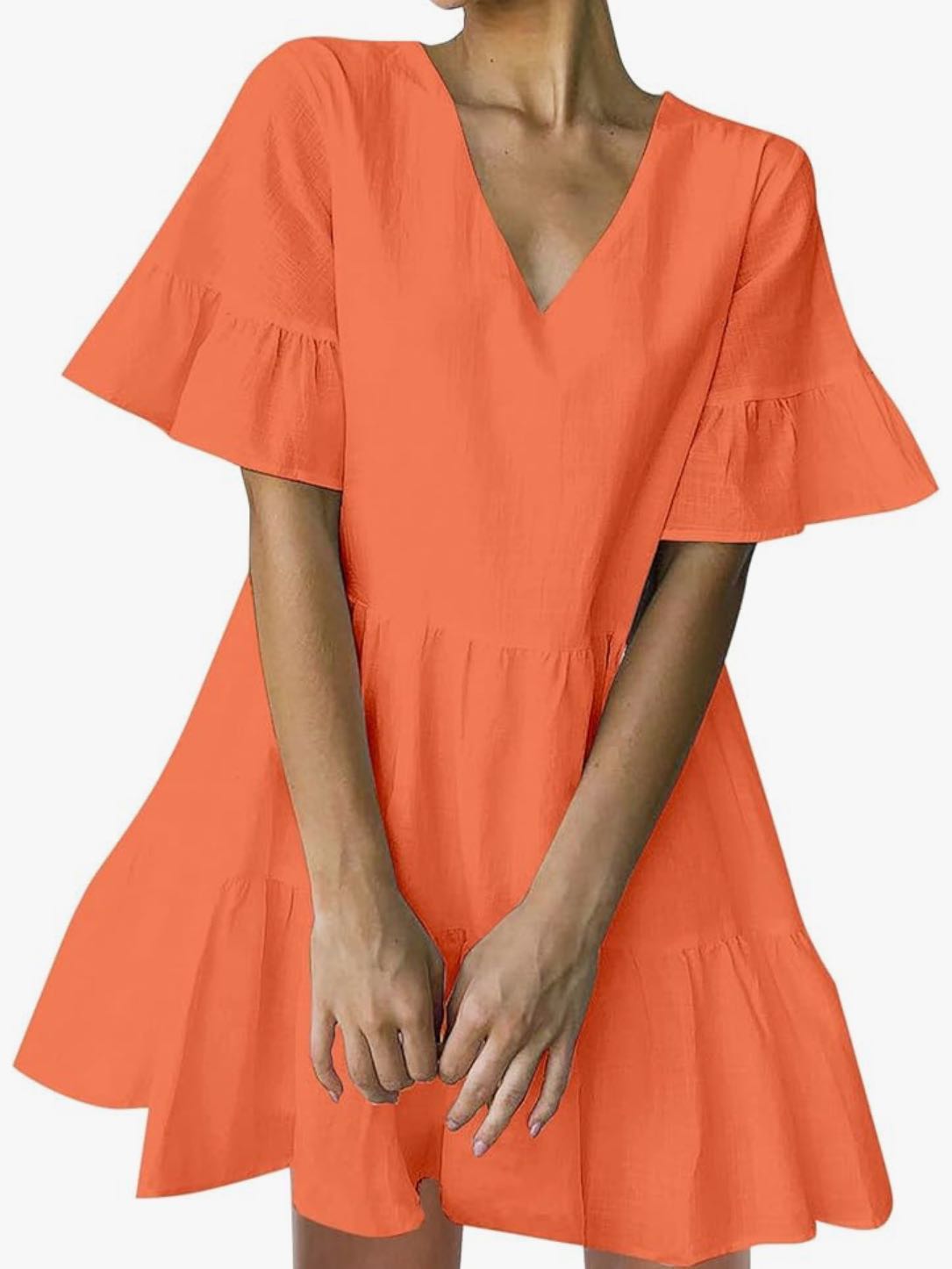 FANCYINN Women’s V Neck Cute Shift Dress with Pockets Bell Sleeve Ruffle