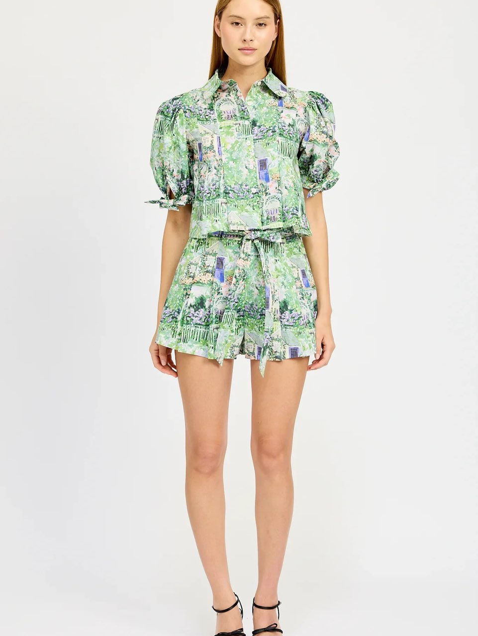 Green Scenic Print Matching Top and Shorts Set