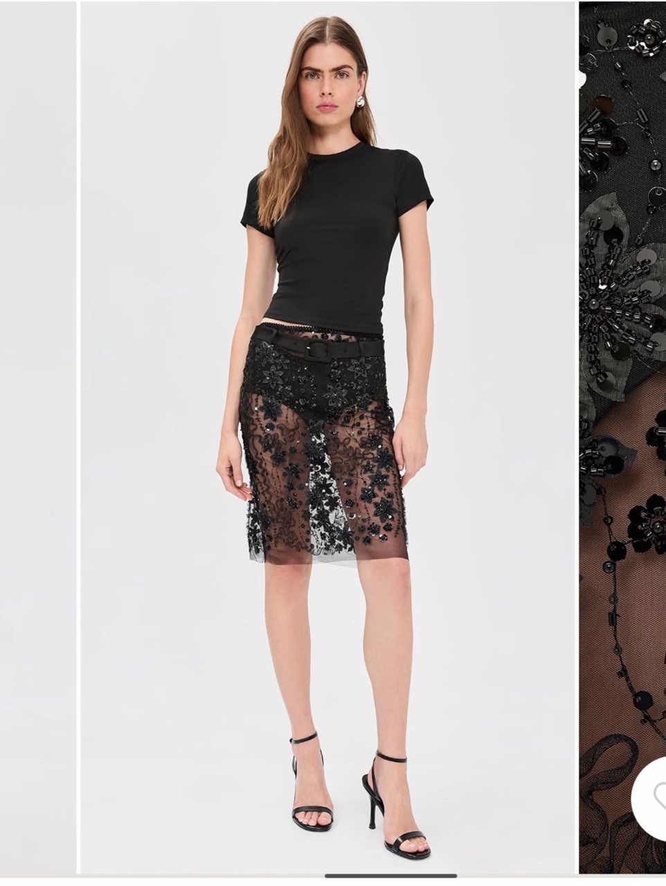 Black Sheer Floral Embellished Midi Skirt