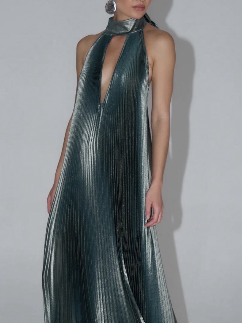 Emerald Green Pleated Halter Maxi Dress