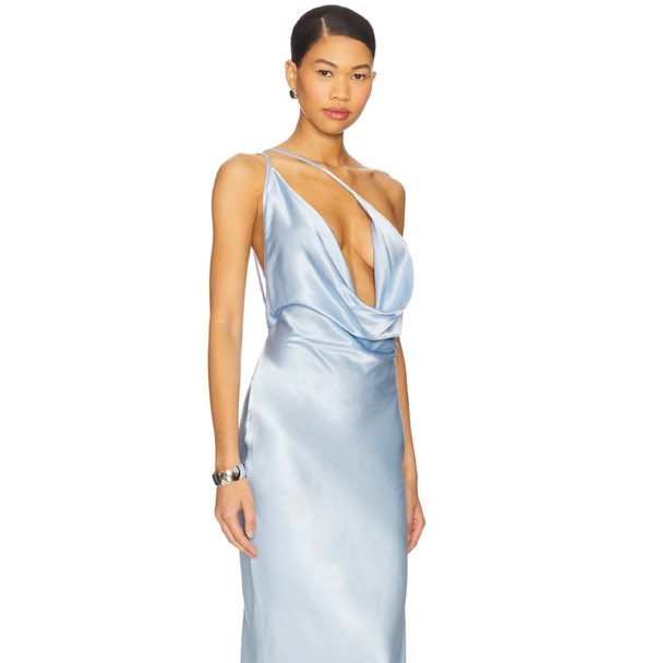 NBD Light Blue Satin Cowl Neck Midi Dress
