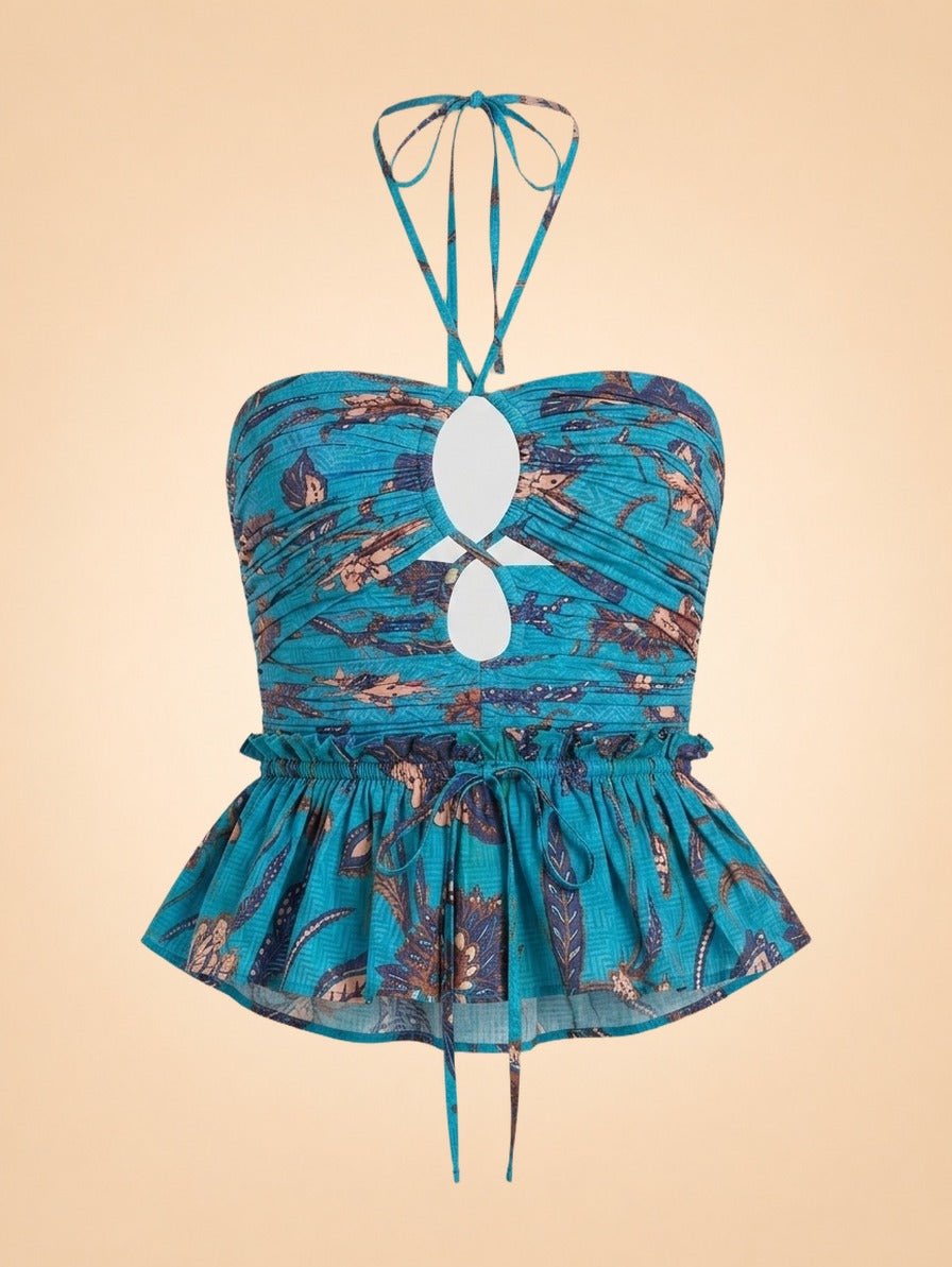 Teal Floral Halter Peplum Top