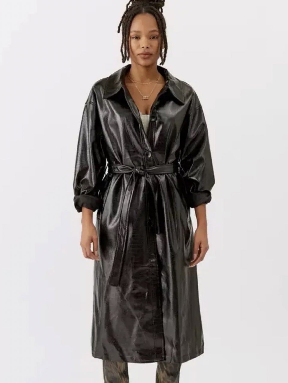 Black Faux Leather Trench Coat