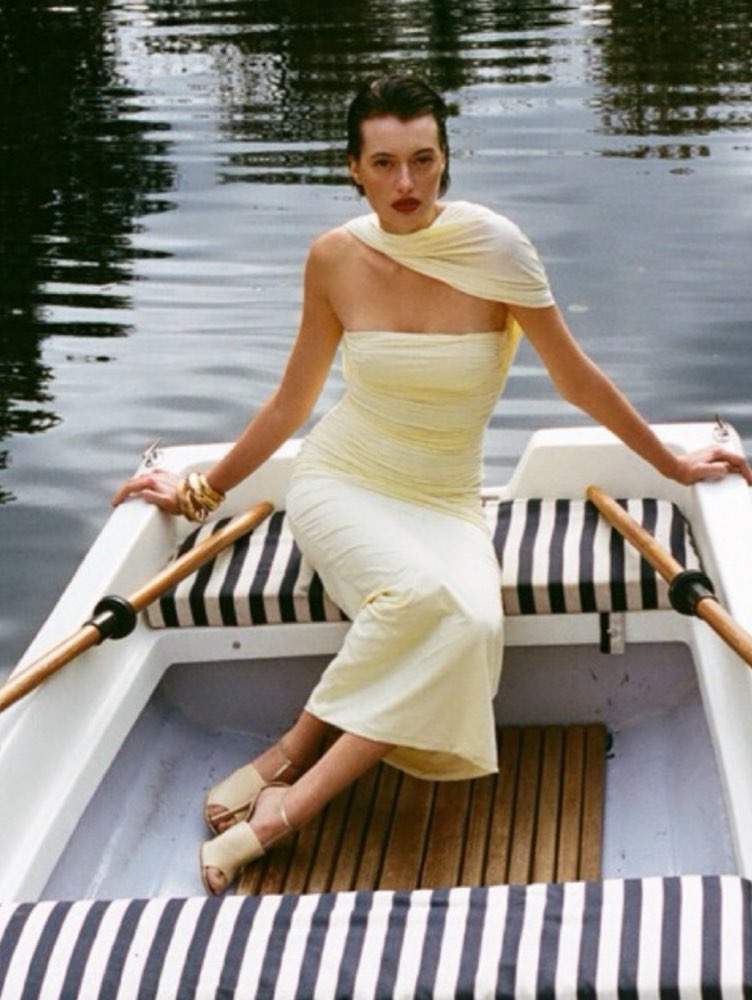 Pale Yellow One-Shoulder Cut-Out Midi Dress