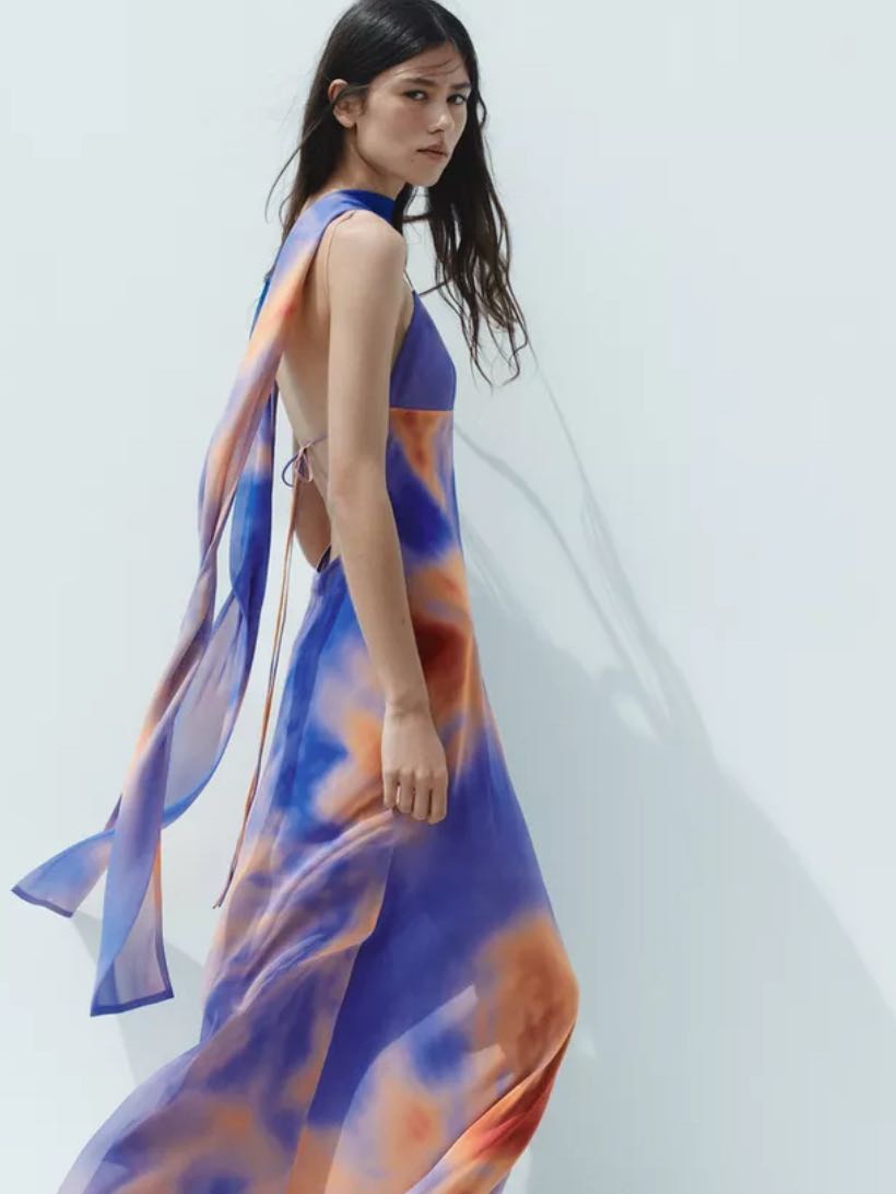 Foulard Print Long Dress with neck scarf