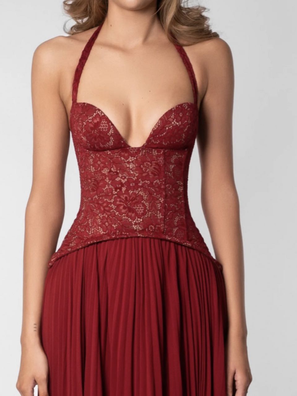 Red Lace Halter Evening Dress
