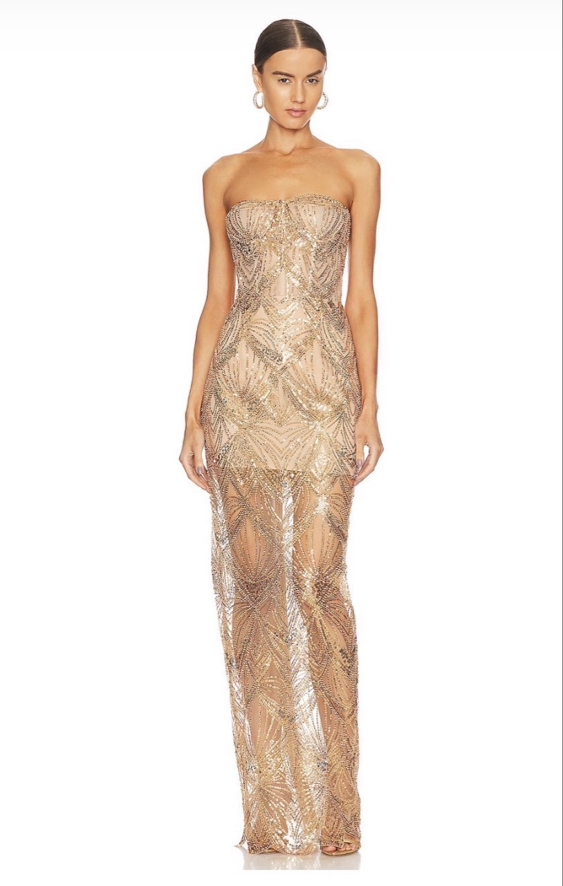 BRONX BANCO Gold Sequin Strapless Gown