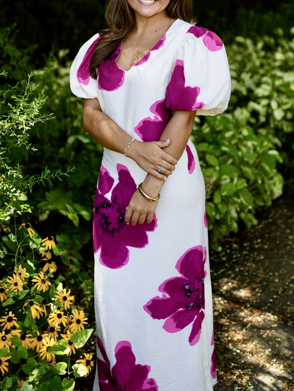 White and Magenta Floral Midi Dress