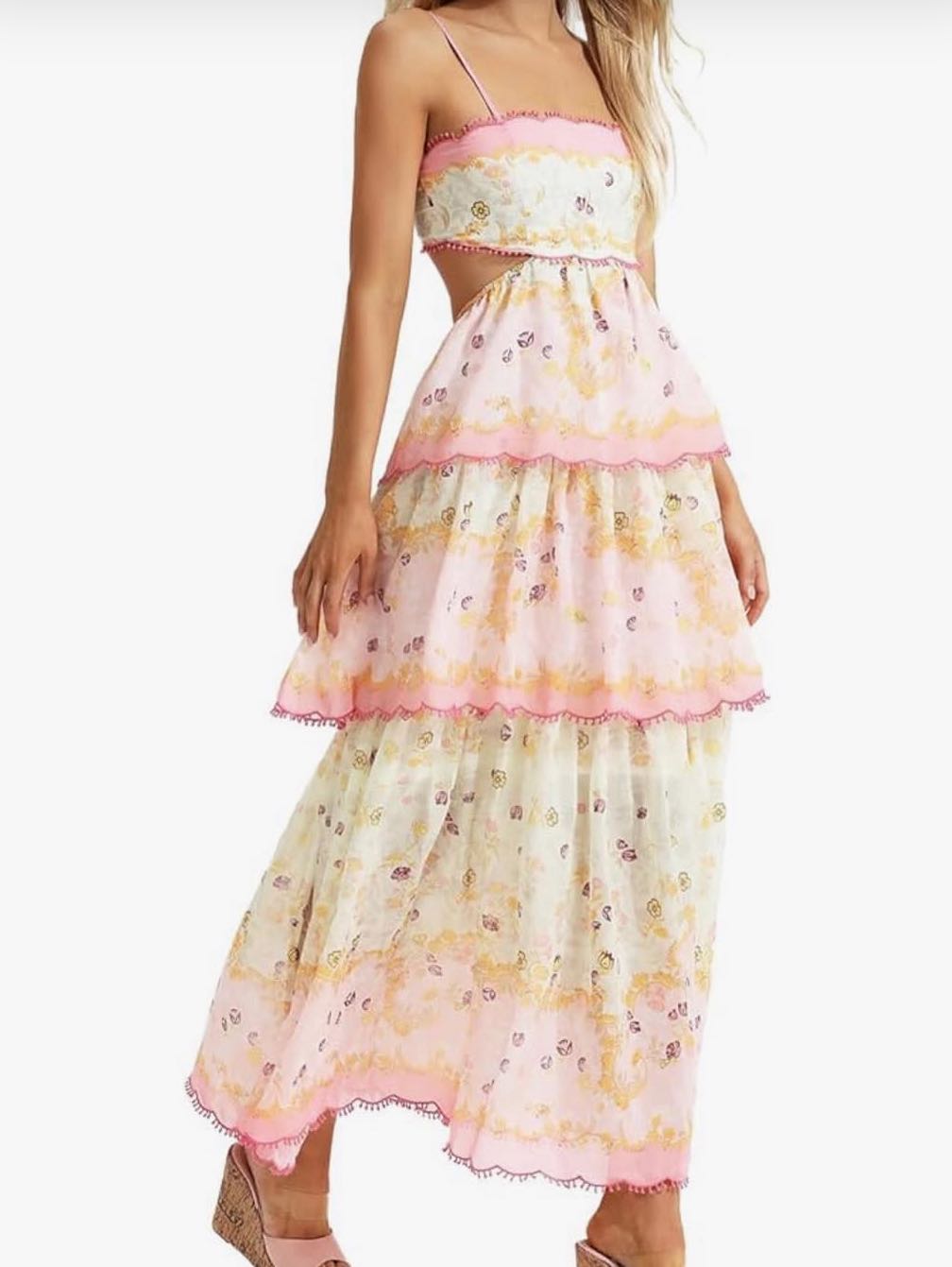 Lace Up Floral Pink Frill Maxi Dress Size AU3/L