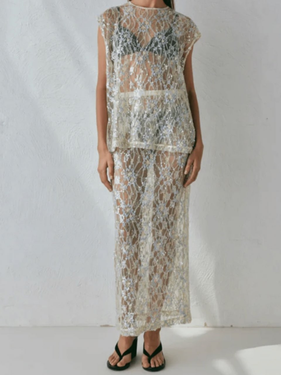 Sheer Sequin Lace Top & Maxi Skirt Set